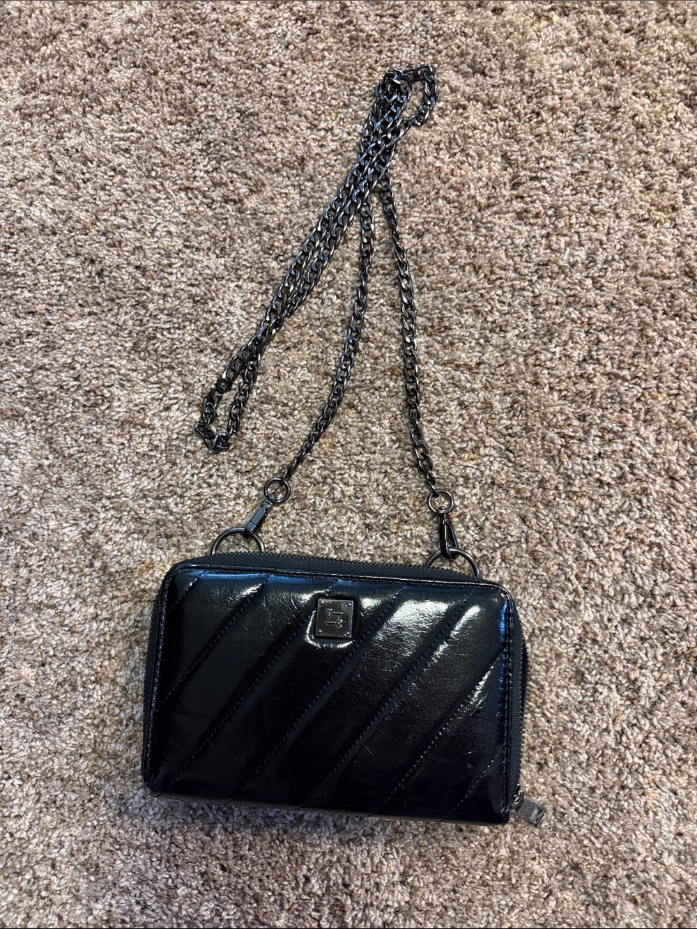 THINK ROYLN Black Quilted Patent Crossbody with Gunmetal Chain